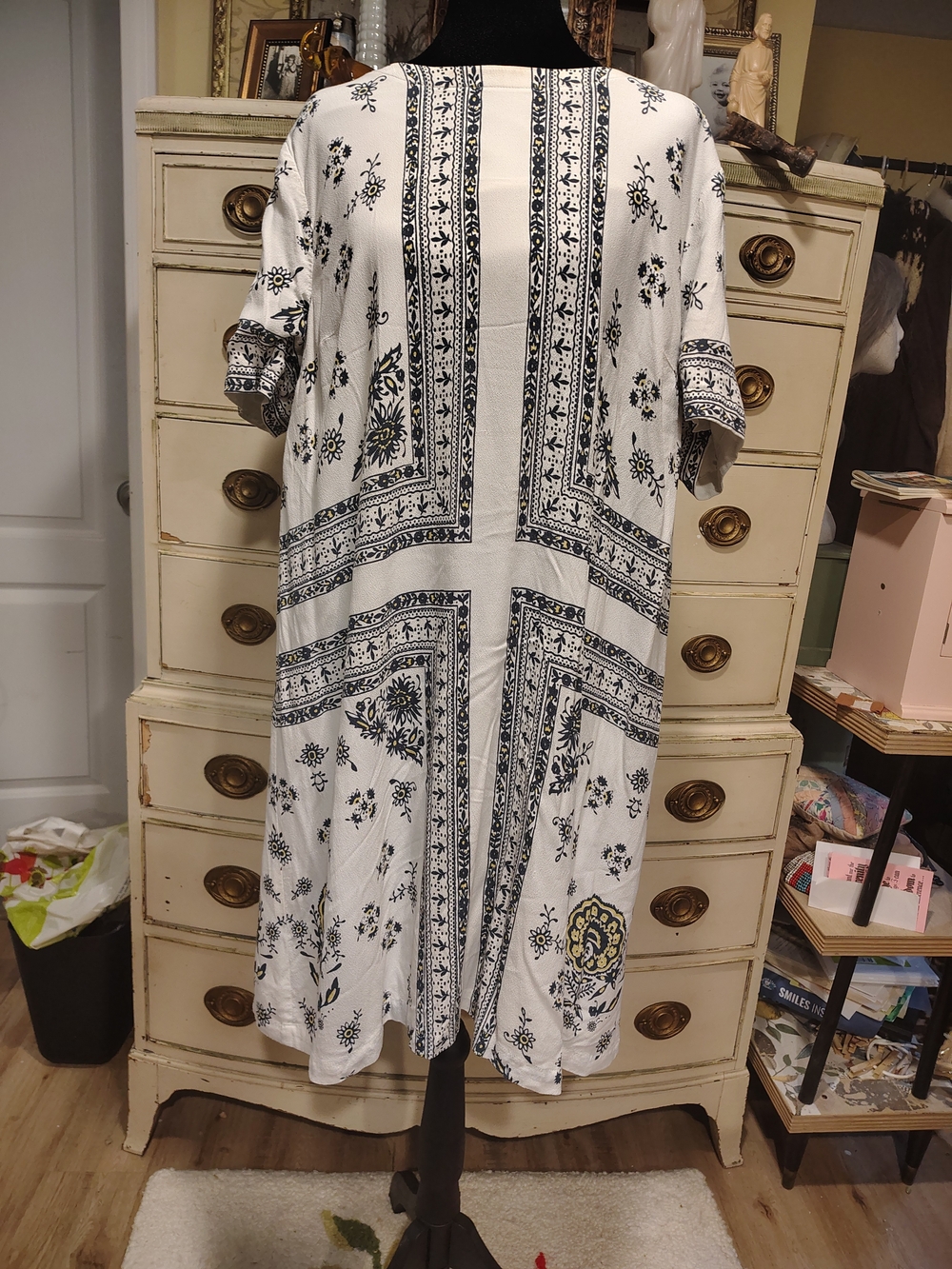 LOFT White Midi Dress with Navy Print